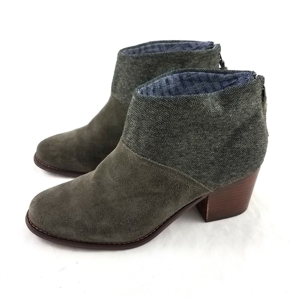 Toms Leila Olive Gray Suede Herringbone Ankle Boots Booties Heels Zipper Women 8